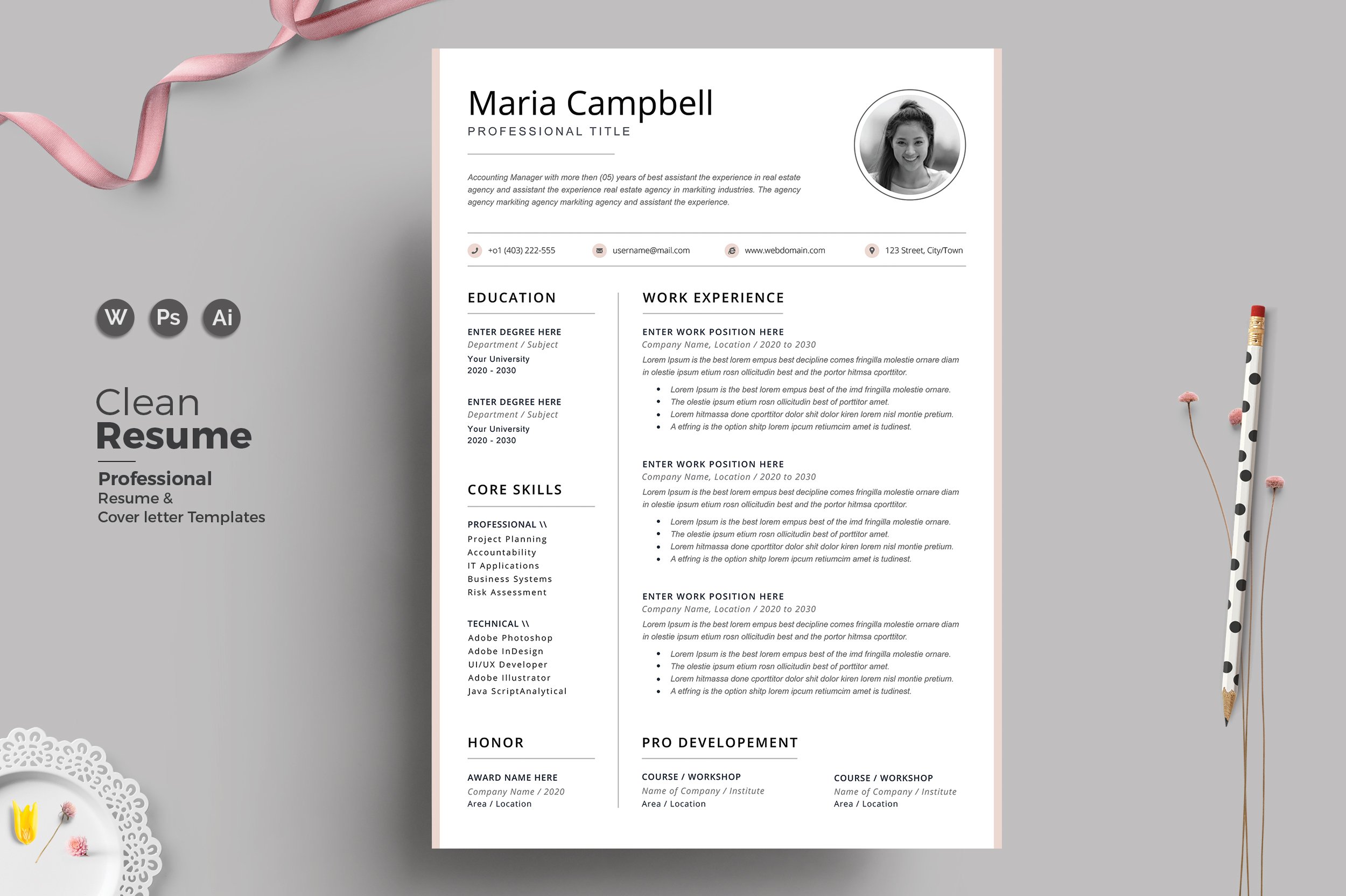 Clean Resume/CV Word preview image.
