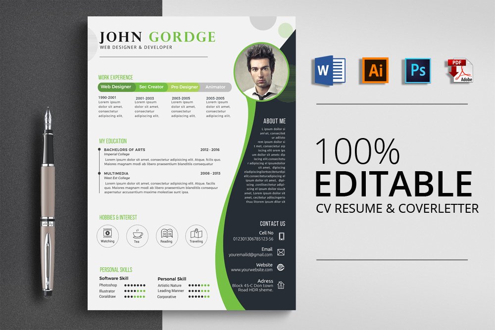 Stylish CV Resume Word Template cover image.