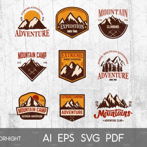 Set of mountain tourism emblems. cover image.