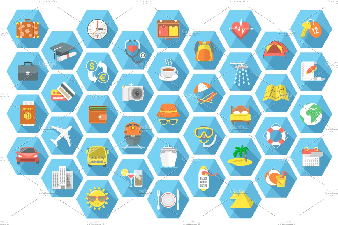 Traveling and tourism flat icons cover image.