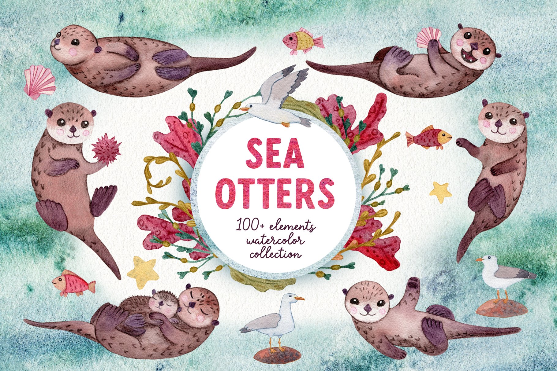 Cute Sea Otters. Watercolor clipart. cover image.