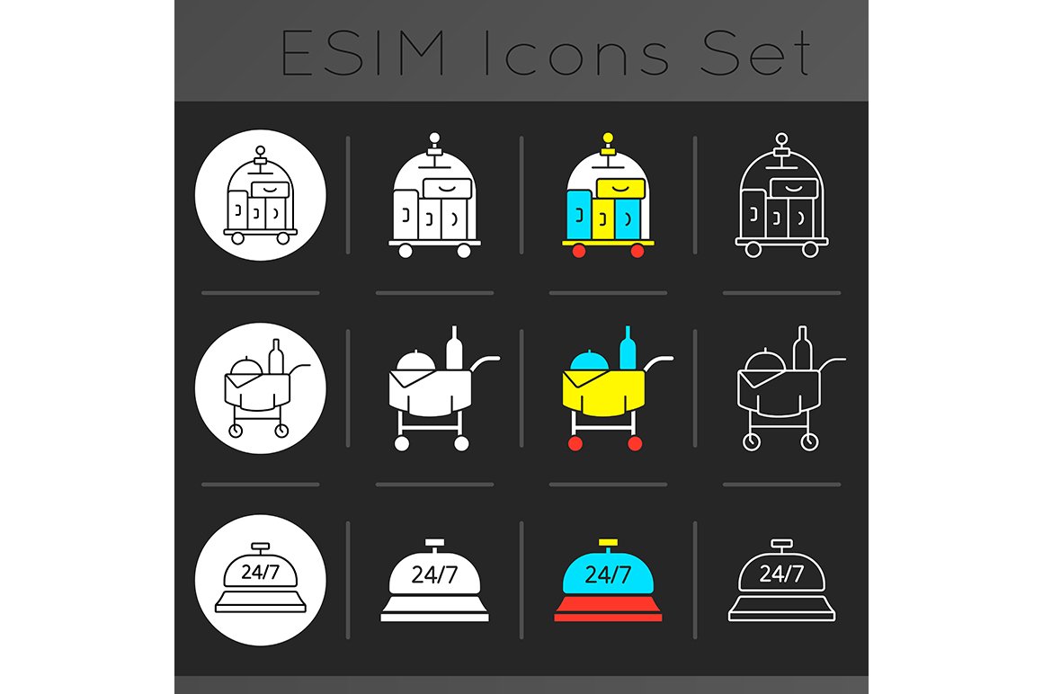 Hotel services dark theme icons set cover image.