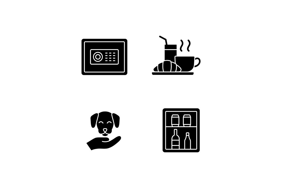 Hotel services black glyph icons set cover image.
