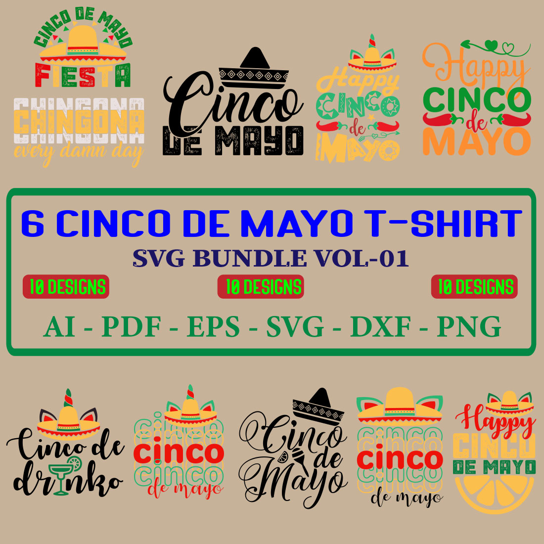 10 Cinco De Mayo T-shirt SVG Bundle Vol-01 cover image.