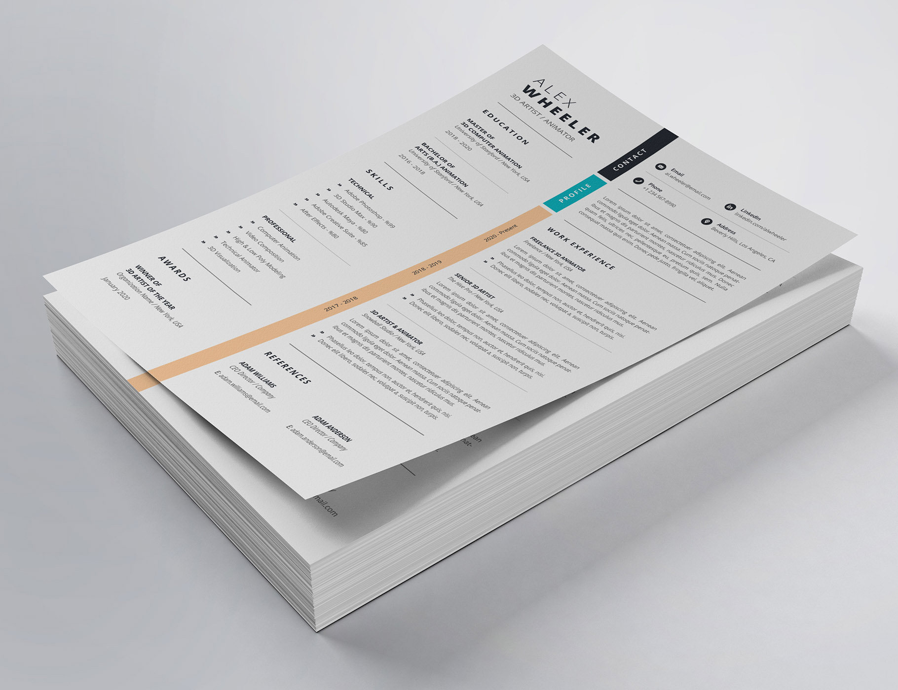 Stack of white paper with a blue and orange stripe.