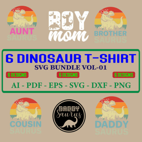 6 Dinosaur T-shirt SVG Bundle Vol-01 cover image.