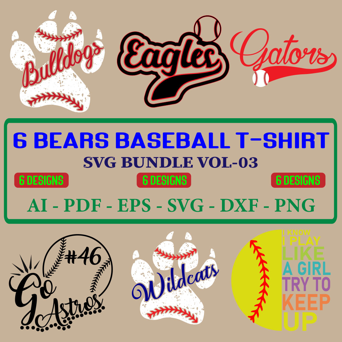6 Bears Baseball T-shirt SVG Bundle Vol-03 cover image.