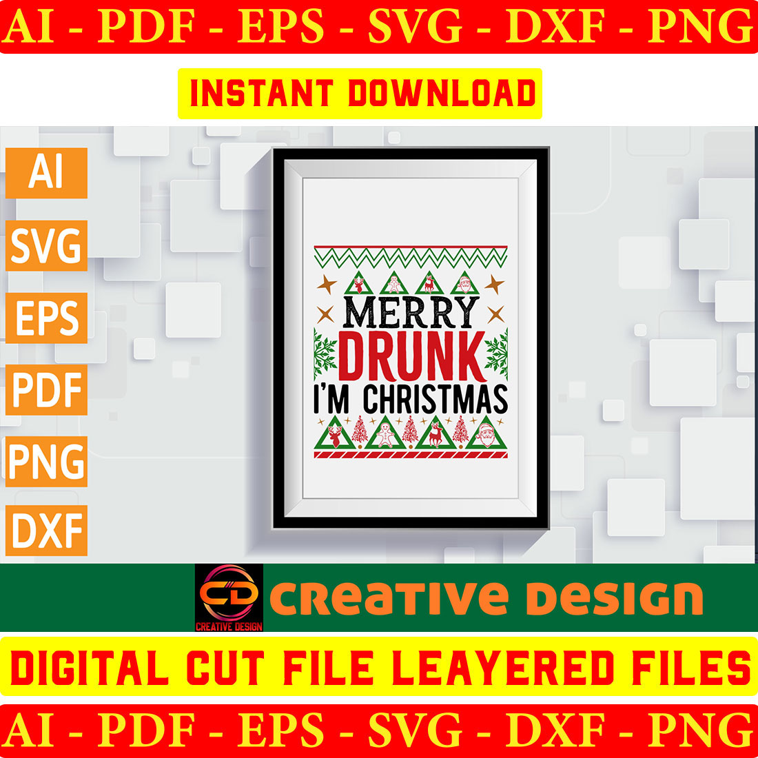 Cross stitch christmas card with the words merry drunk in red and green.