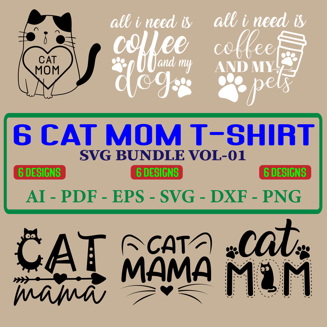 6 Cat Mom T-shirt SVG Bundle Vol-01 cover image.