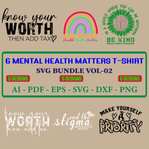 6 Mental Health Matters T-shirt SVG Bundle Vol-02 cover image.