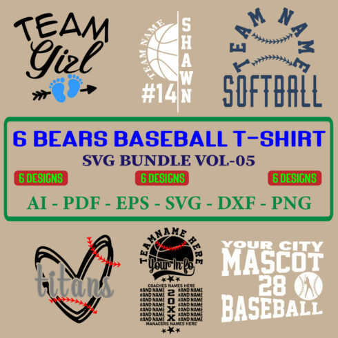 6 Bears Baseball T-shirt SVG Bundle Vol-05 cover image.