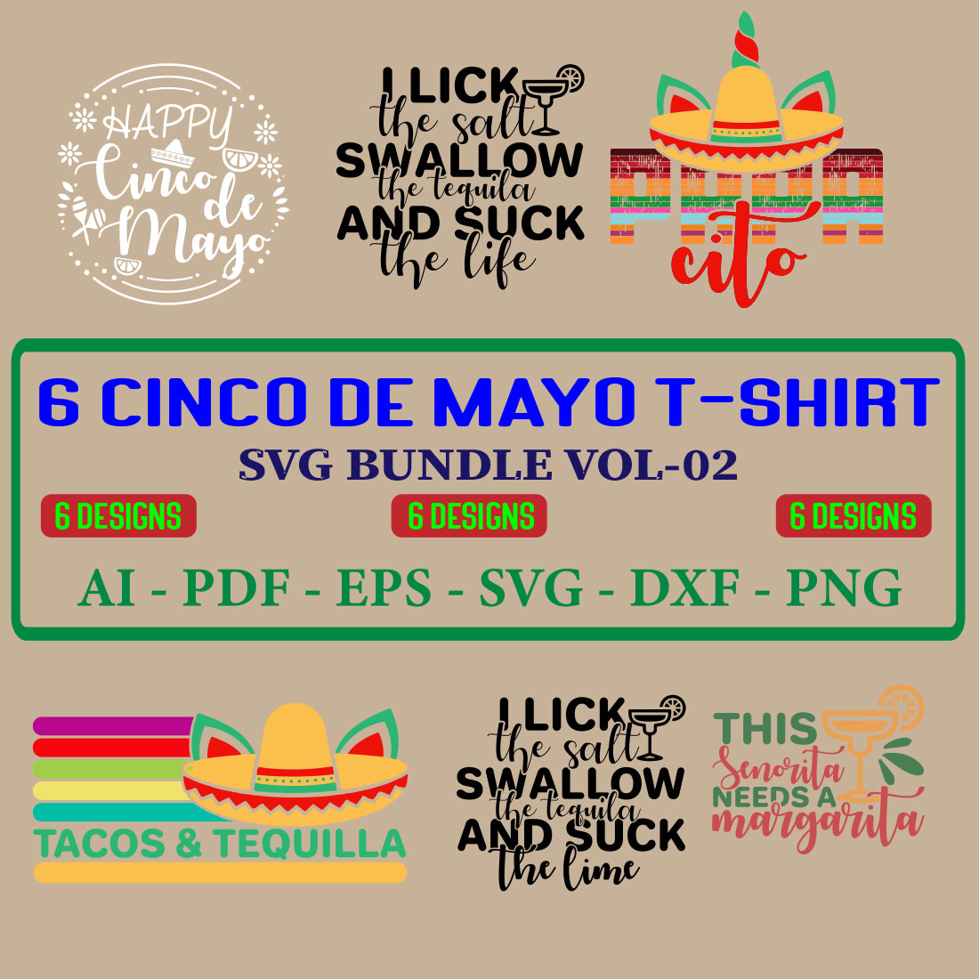 6 Cinco De Mayo T-shirt SVG Bundle Vol-02 cover image.