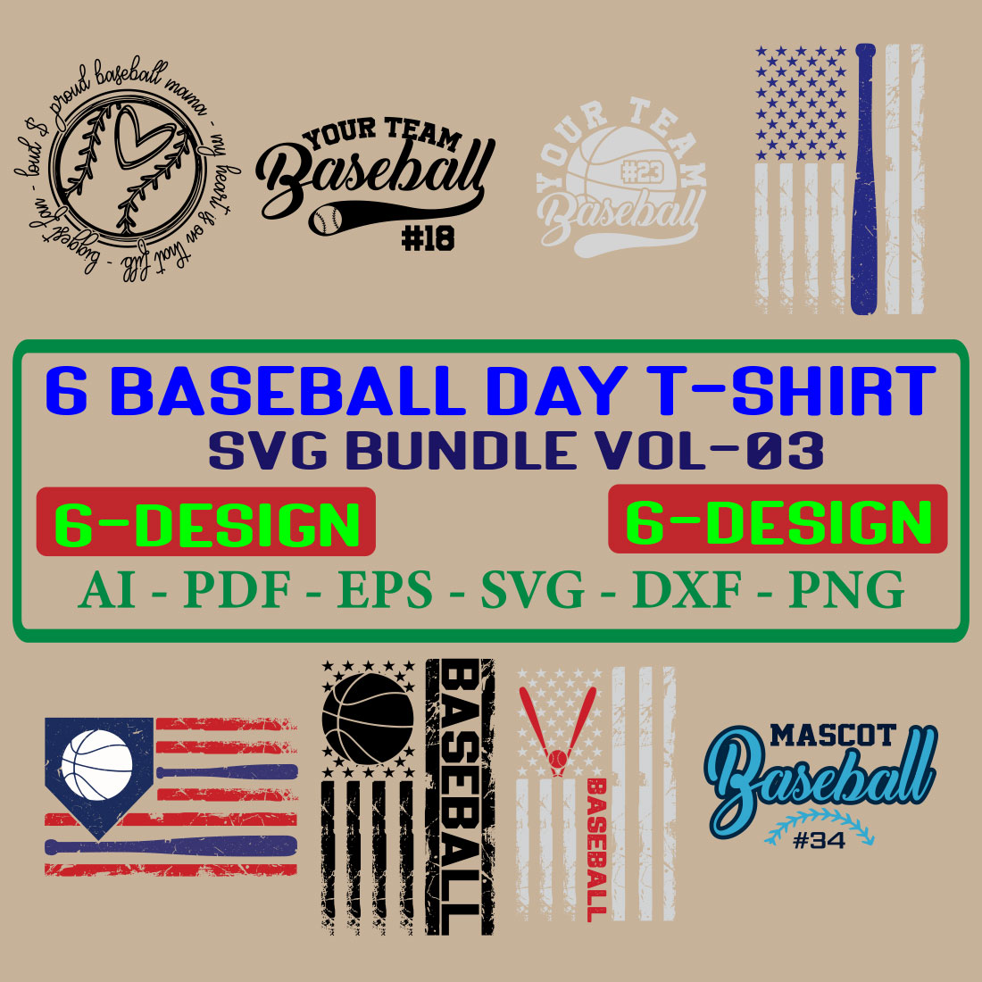 6 Baseball Day T-shirt SVG Bundle Vol-03 cover image.