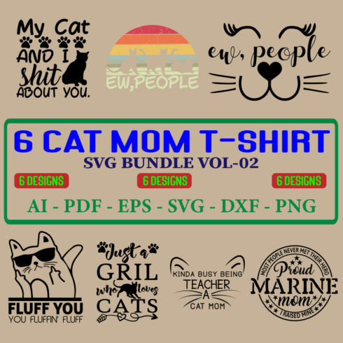 6 Cat Mom T-shirt SVG Bundle Vol-02 cover image.