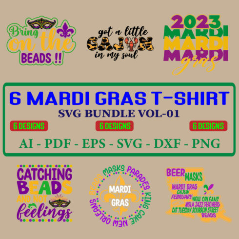 6 Mardi Gras T-shirt SVG Bundle Vol-01 cover image.