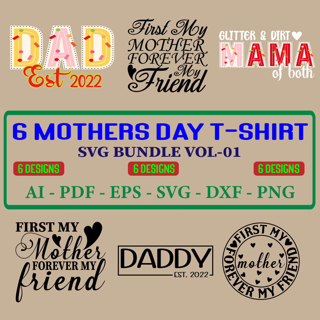 6 Mothers Day T-shirt SVG Bundle Vol-01 cover image.
