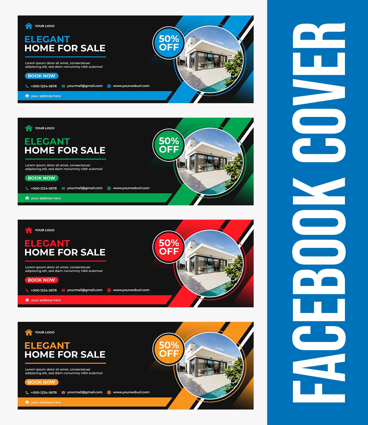 Set of three facebook banners with a house for sale.
