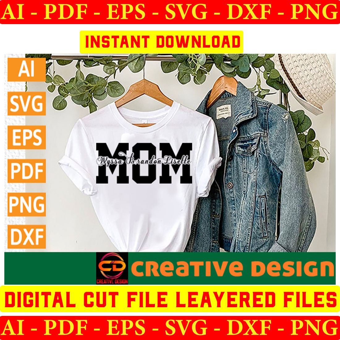 T - shirt with the word mom on it next to a pair of jeans.