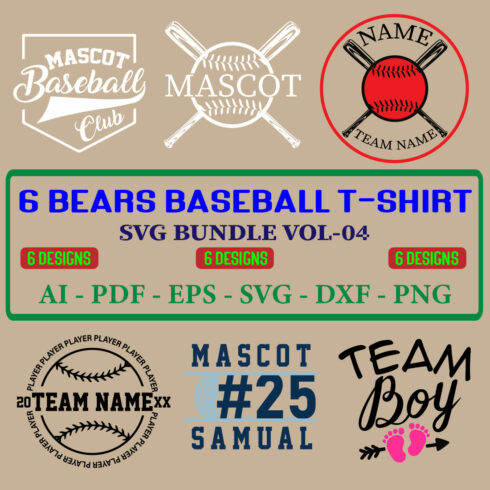6 Bears Baseball T-shirt SVG Bundle Vol-04 cover image.
