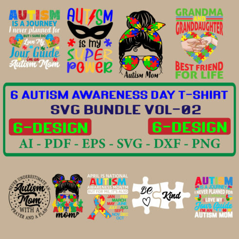 6 Autism Awareness Day T-shirt SVG Bundle Vol-02 cover image.