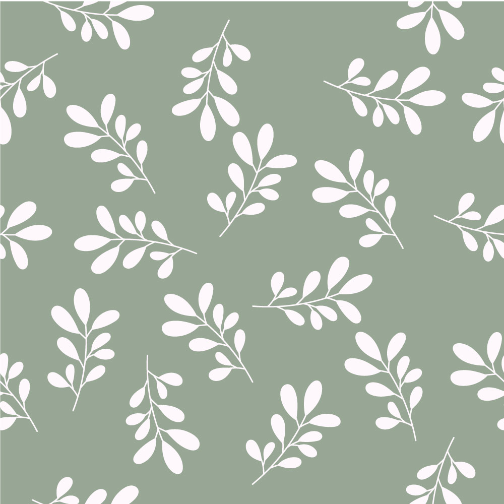 Green and white wallpaper with white leaves.