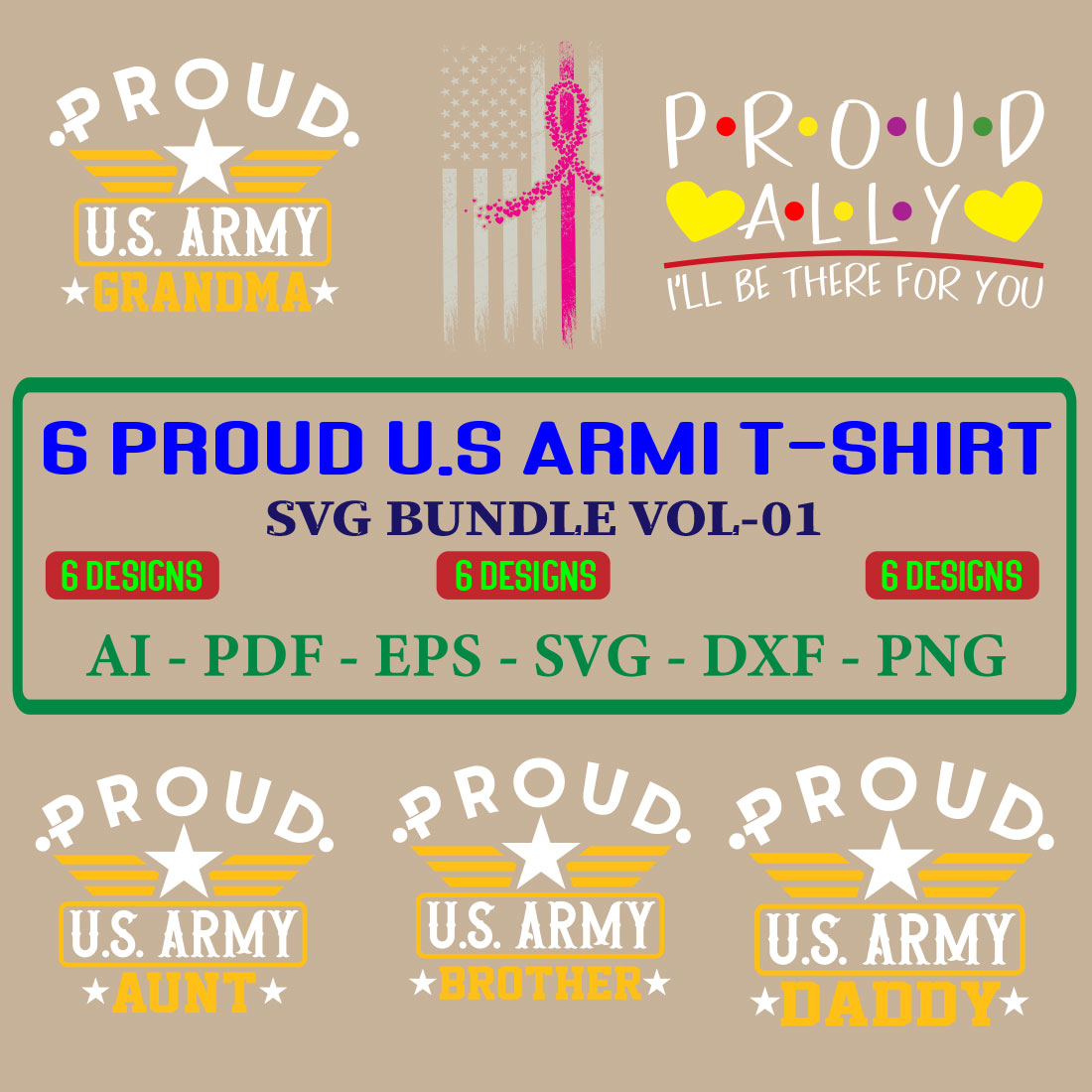 6 Proud Us Armi T-shirt SVG Bundle Vol-01 cover image.