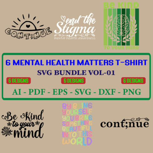 6 Mental Health Matters T-shirt SVG Bundle Vol-01 cover image.