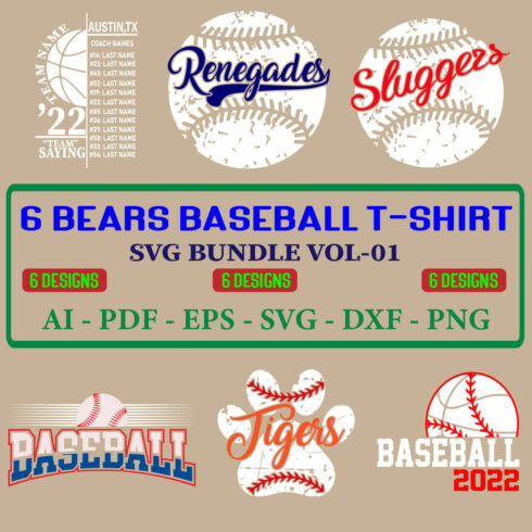 6 Bears Baseball T-shirt SVG Bundle Vol-01 cover image.