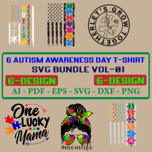 6 Autism Awareness Day T-shirt SVG Bundle Vol-01 cover image.