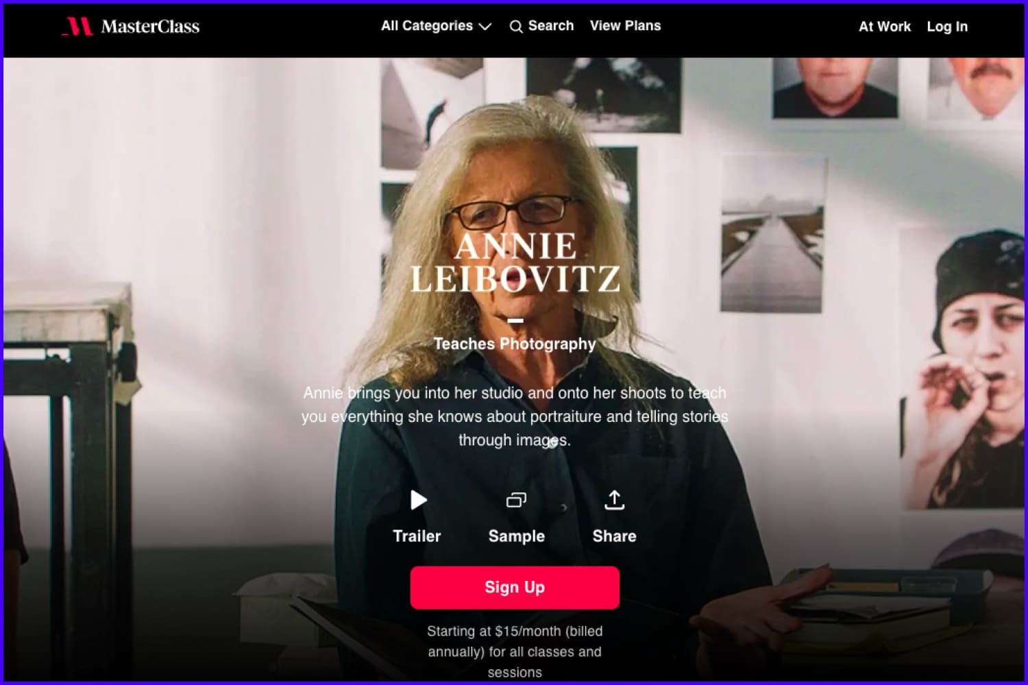 Screenshot of the main page of the Annie Leibovitz Master Class website.