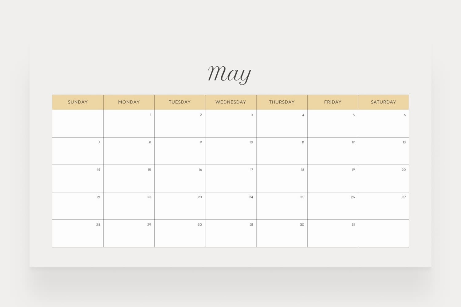 May 2023 calendar with white background and brown names of days.