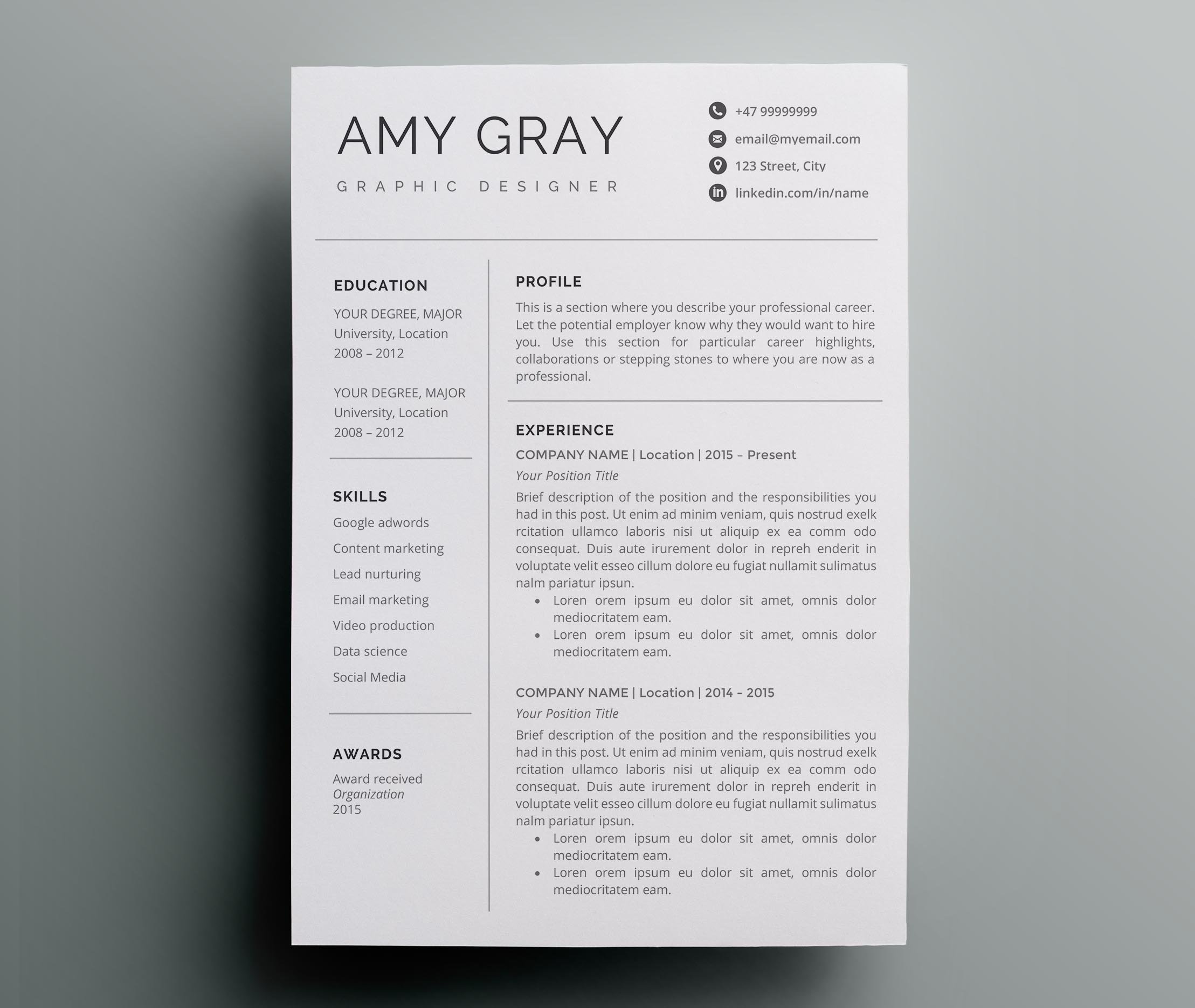 Professional resume template / CV cover image.
