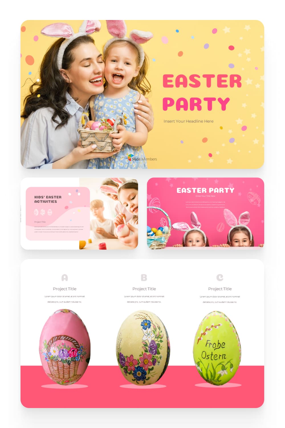Collage of Easter party invitations with photos of children, eggs and mom.