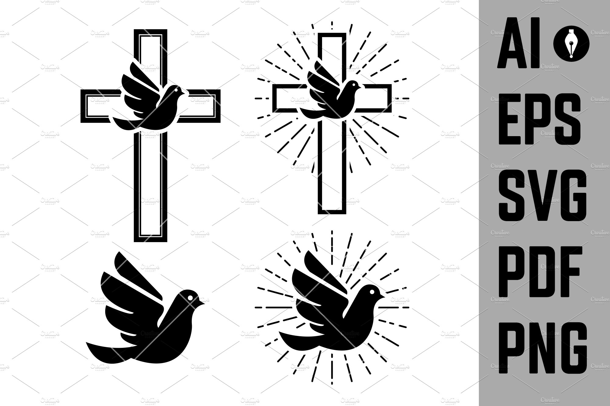 Set of dove icons. Religious signs. cover image.