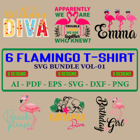 6 Flamingo T-shirt SVG Bundle Vol-01 cover image.