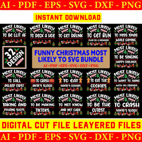 Funny Christmas Most Likely To SVG Bundle cover image.