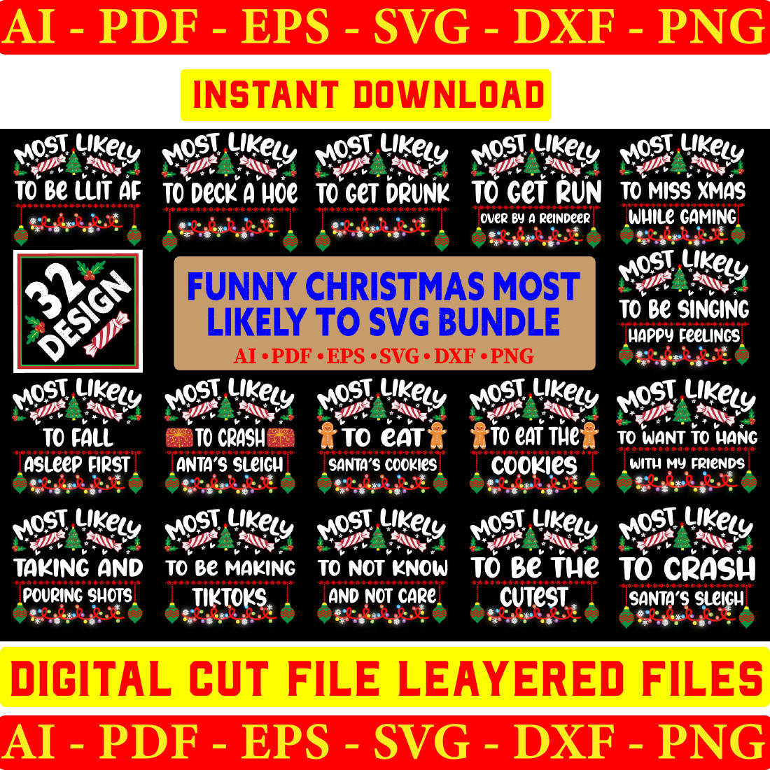 Funny Christmas Most Likely To SVG Bundle cover image.