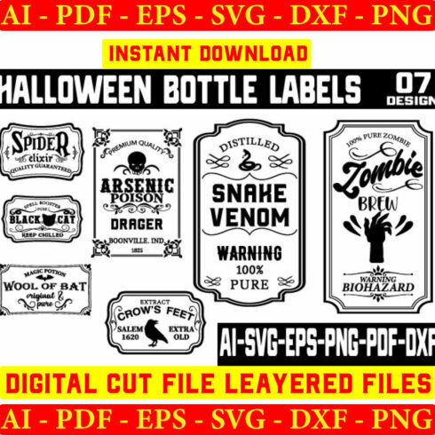 Halloween Bottle Labels svg png, Transparent Labels, Witch's Brew, Ghost Tears, Bat Wing cover image.