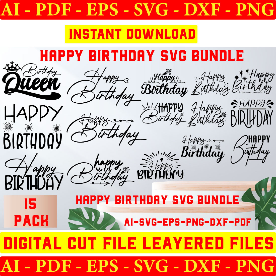 Happy birthday svg bundle hand lettered | birthday svg | birthday party svg | birthday cake svg | birthday party svg png | birthday clipart preview image.