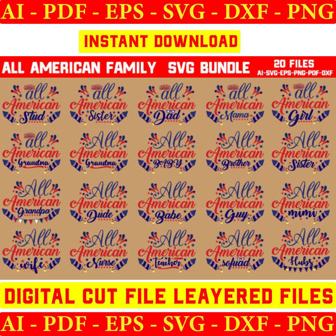 All American SVG Bundle, 4th of July SVG Bundle, Family Mom Dad Girl SVG, July 4th svg, America, Patriotic, Independence Day Shirt preview image.