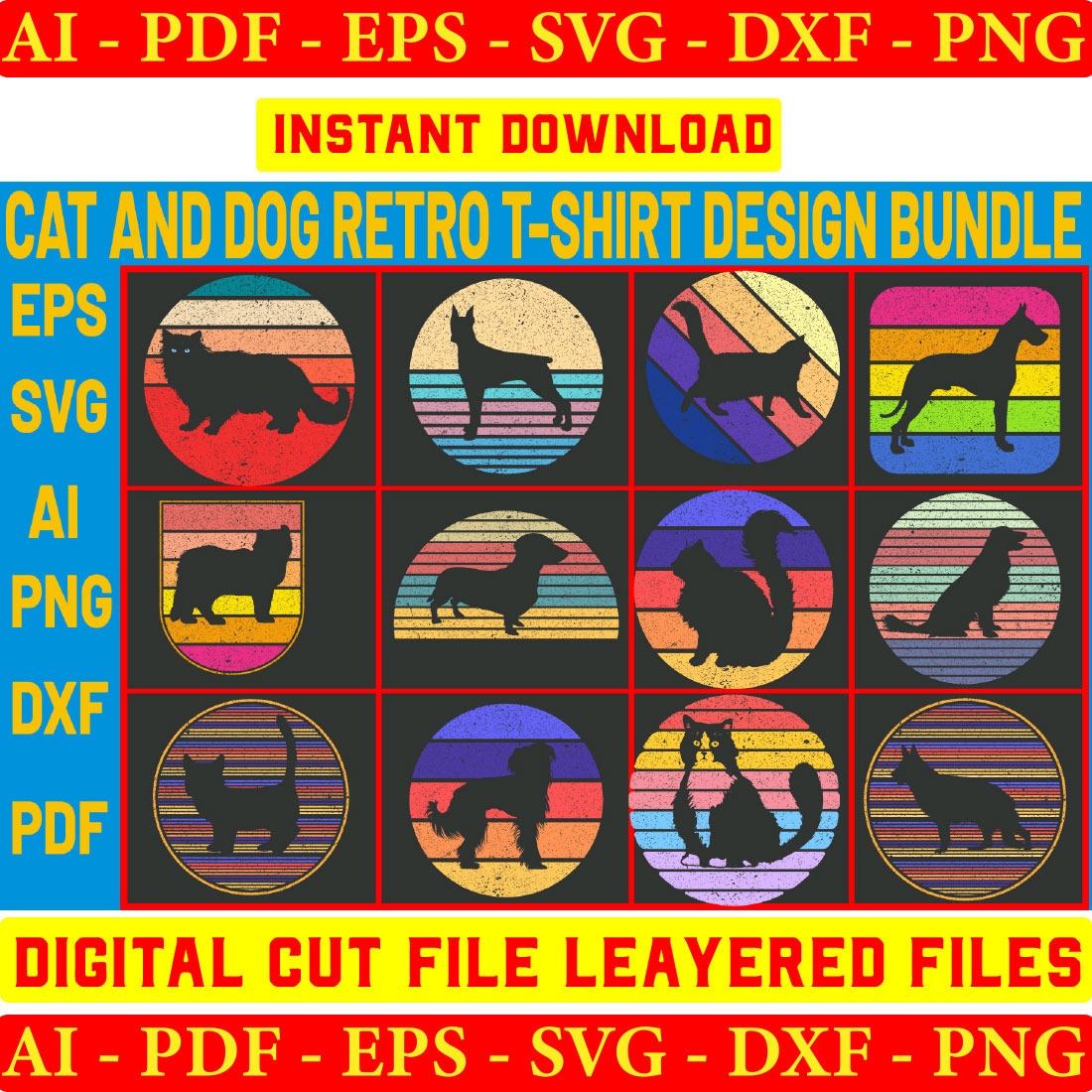 Cat And Dog Retro T-shirt Design Bundle preview image.