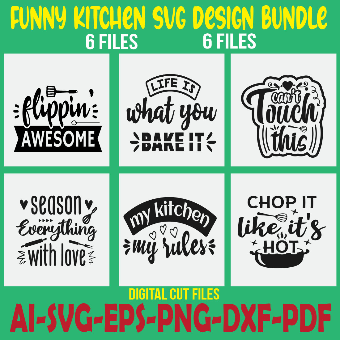 Funny Kitchen SVG Design Bundle cover image.