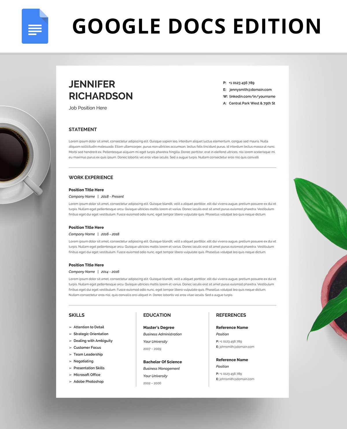Resume Template, CV, Google Docs cover image.