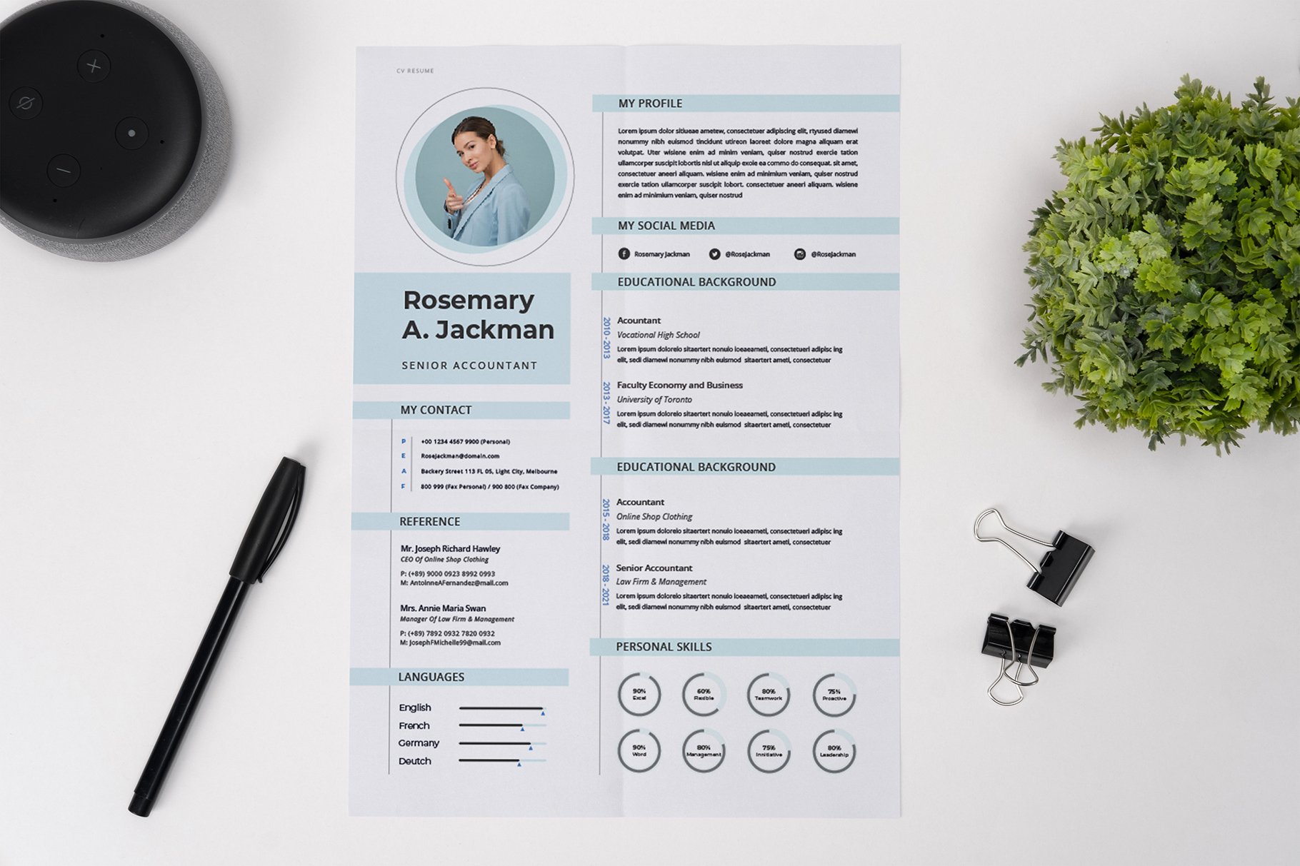 Soft Blue Accountant CV Resume preview image.