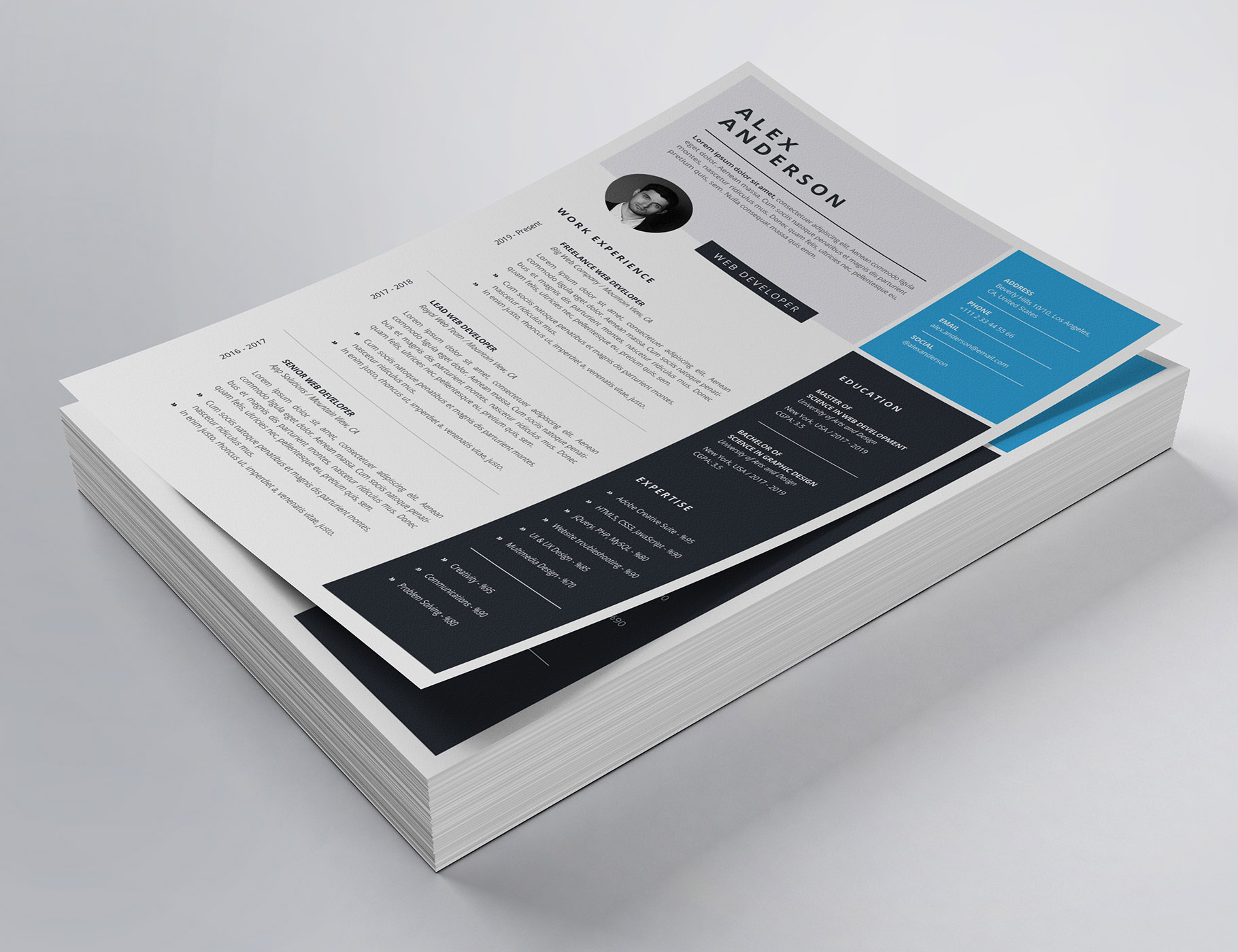 Clean and modern resume template with blue accents.