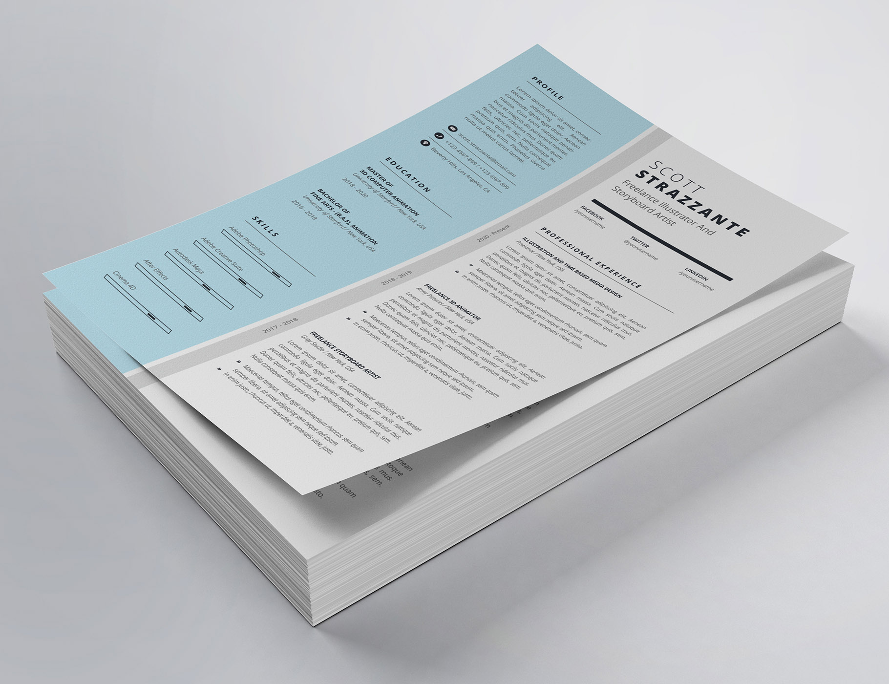 Two pages of a resume on top of each other.