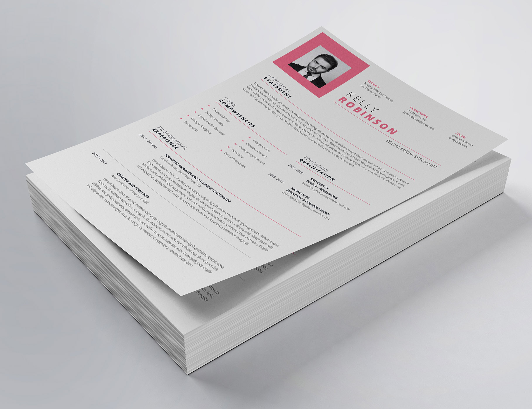 Stack of white paper with a red and black logo on it.