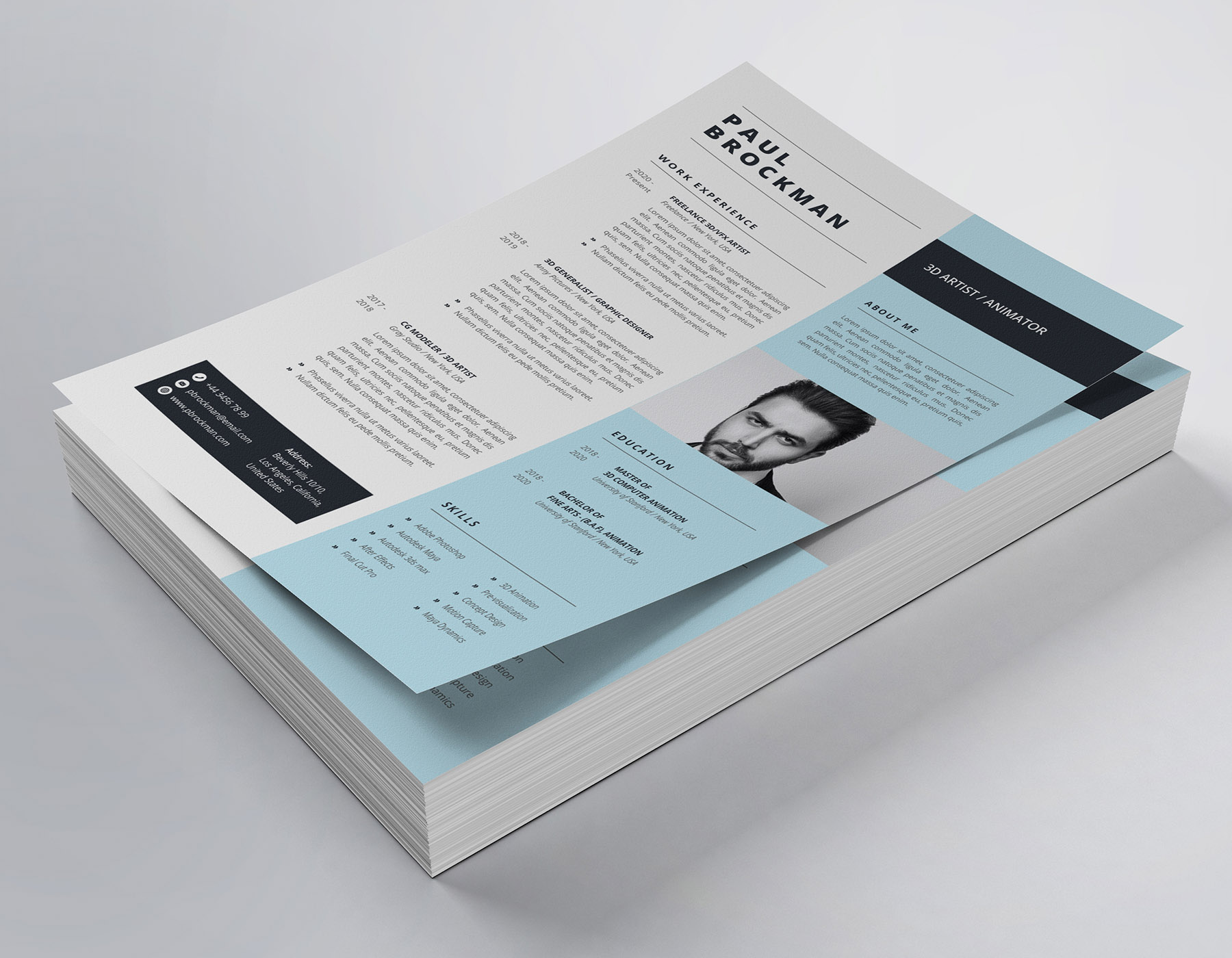 Blue and white resume template on a stack of papers.