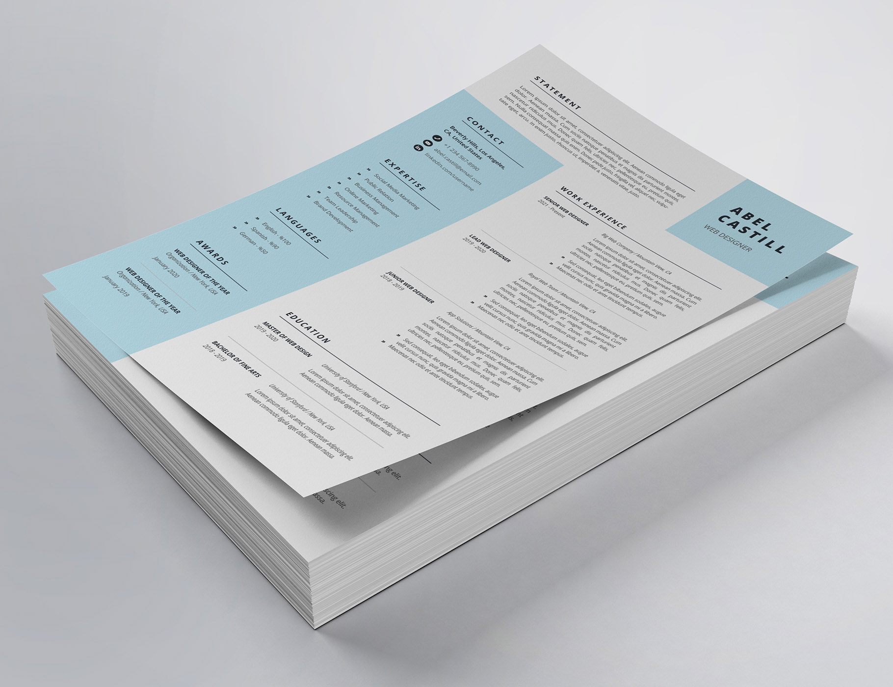 Two pages of a resume on top of each other.