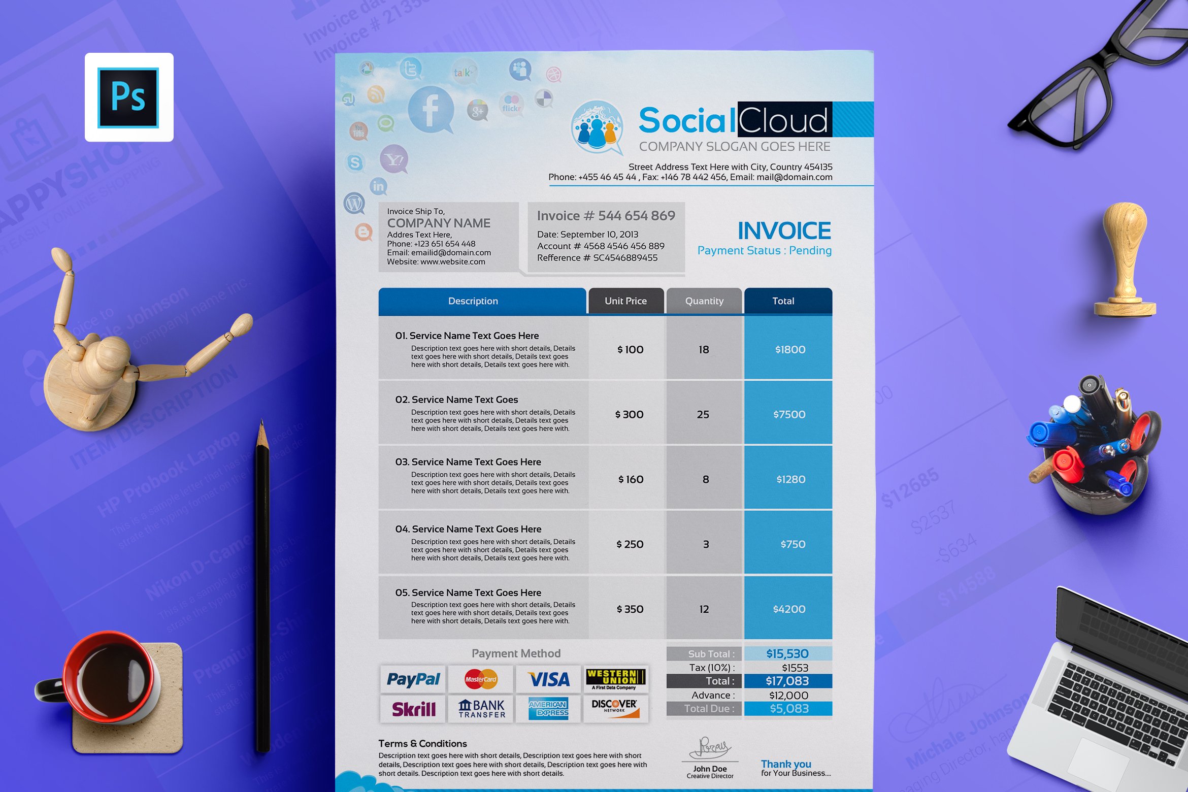 Social Media Agency Invoice Template preview image.